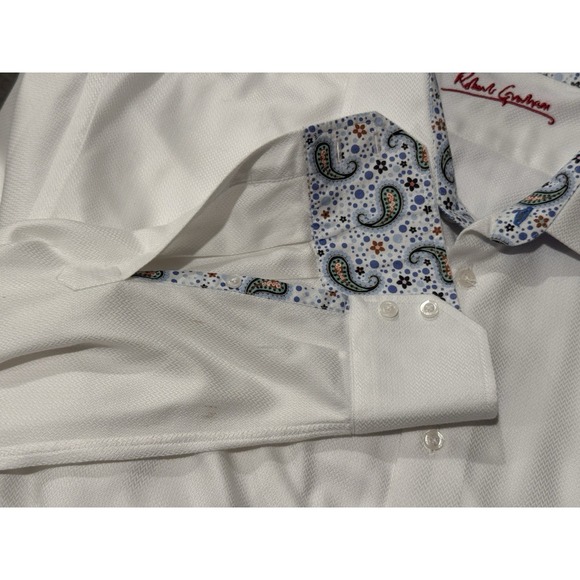 Robert‎ Graham Shirt Button XXL White Herringbone Paisley Blue Contrast Cuff - Picture 10 of 12